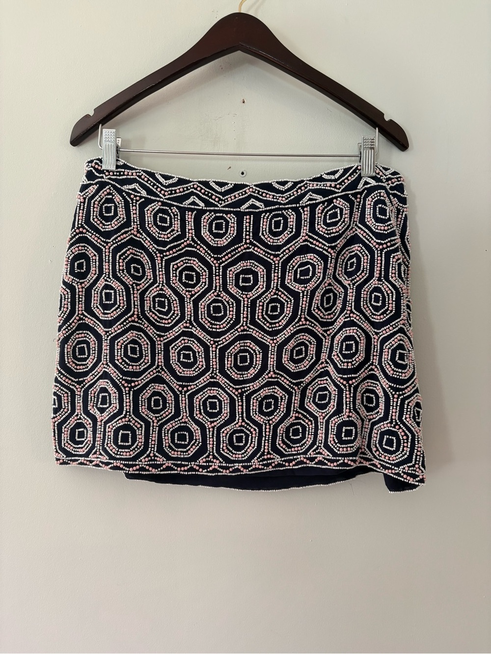 Boston Proper Beaded Mini Skirt Navy Pink White Size 16 Geometric Party Holiday